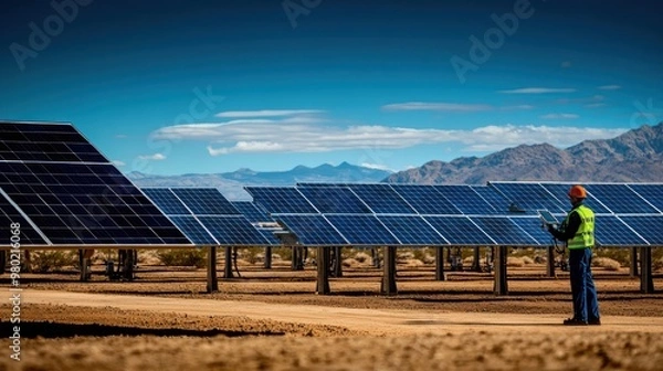 Fototapeta A solar power plant in a desert setting, rows of solar panels capturing the sun's energy, with a technician monitoring the system, representing the future of clean energy