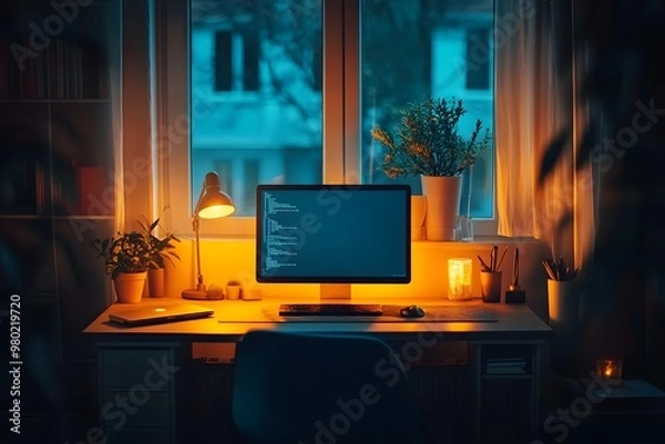 Fototapeta A cozy, illuminated workspace features a computer and plants, creating a serene atmosphere perfect for focus and creativity.