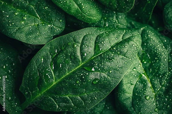 Fototapeta Close up of fresh vibrant green spinach leaves with water drops

