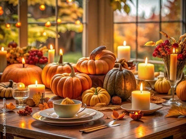Fototapeta Cozy autumn dining room table setting featuring pumpkins, dry leaves, and burning candles, evoking warmth and inviting ambiance on a crisp fall evening.