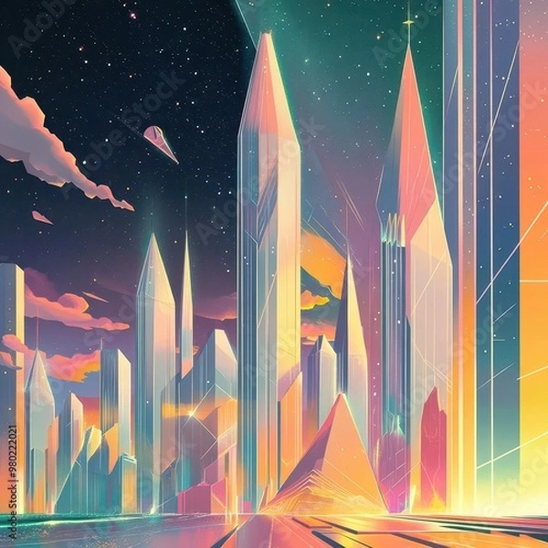 Fototapeta A retro futuristic world where skyscrapers are shaped like intricate origami sculptures, a blend of 80s aesthetics and sharp geometric designs