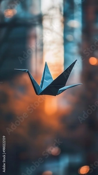 Obraz A sharp focus on a black and white origami crane in flight