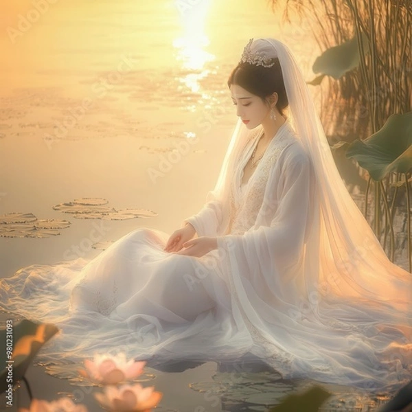 Obraz Guan Yin, the goddess of mercy, depicted in a serene lotus pond, soft mist rising, flowing white robes, gentle expression, spiritual tranquility, golden sunset backdrop