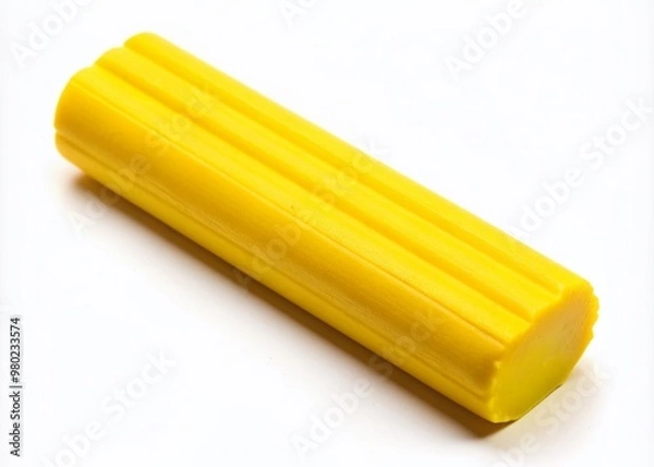 Fototapeta Vibrant yellow modeling clay stick, commonly used for artistic and creative projects, lies horizontally on a clean white background, awaiting inspiration.