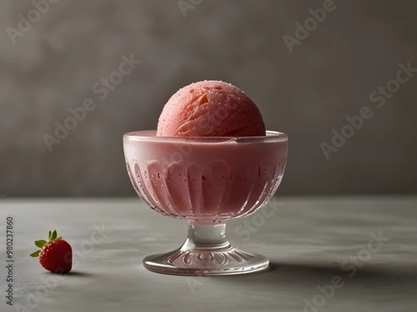 Fototapeta A highly detailed, cinematic close-up photograph of a solitary, exquisite, and realistic strawberry ice sorbet ball, glistening with subtle condensation droplets, delicately placed in a simple