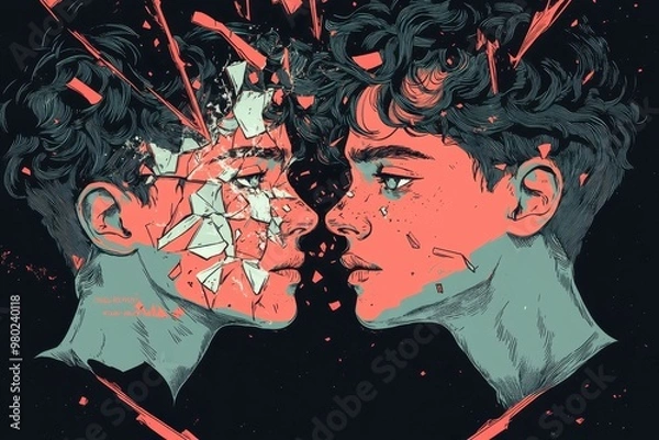 Fototapeta Shattered Reflection - Teen Facing Identity Crisis and Self-Doubt in Illustration