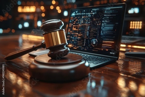 Fototapeta conceptual legal technology still life with judges gavel laptop and floating ui elements dramatic lighting modern courtroom setting futuristic touch