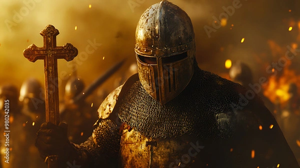 Fototapeta A Byzantine soldier, fully armored with a shining helmet that hides his face, stands strong in the midst of a chaotic battlefield. In his hand, he holds an Orthodox cross high