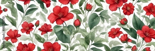 Fototapeta Red flower pattern design with leaves for banner