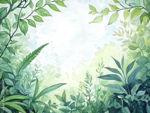 Fototapeta A serene illustration of lush green foliage framing a soft, misty background, perfect for nature-themed projects.