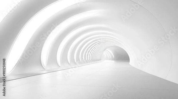 Fototapeta A futuristic 3D curved tunnel in white, with clean lines and a modern design, evoking a sense of depth. No people or logos.