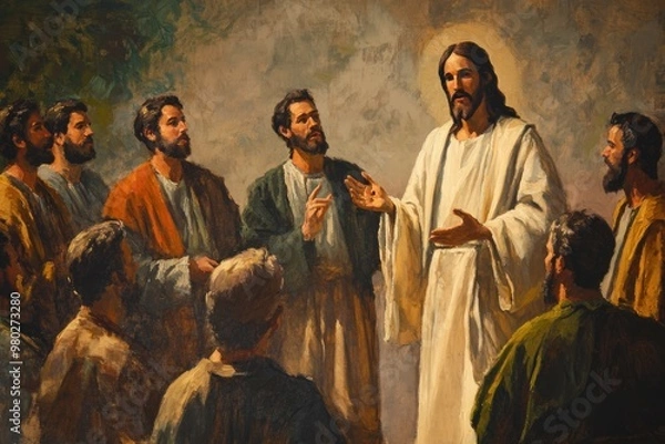 Obraz A painting of Jesus Christ speaking to his Apostles during the Sermon on the Mount, illustrated with detailed brush strokes on oil canvas, capturing the scene's emotion and depth.