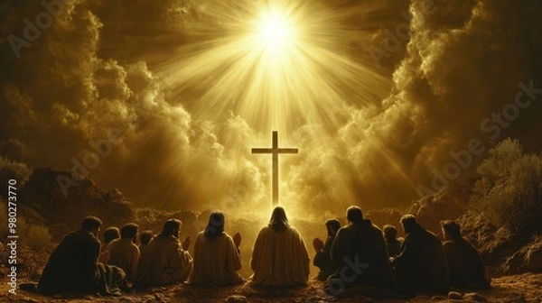 Obraz Jesus Christ and His disciples praying under a radiant light from heaven, with a prominent cross in the background, symbolizing divine miracles and strong faith.