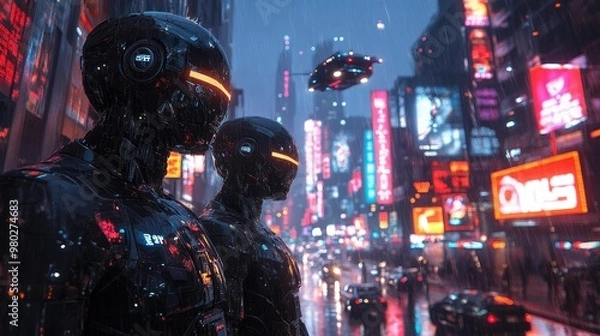 Fototapeta Cyberpunk Robots in Neon Cityscape Generative AI