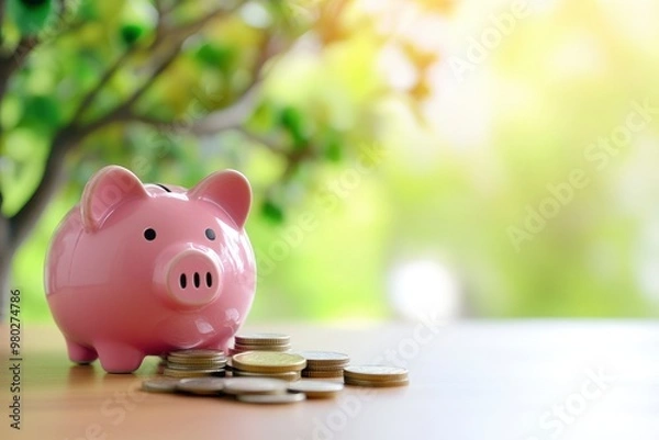 Fototapeta Piggy bank and coins on table and tree background with generative ai