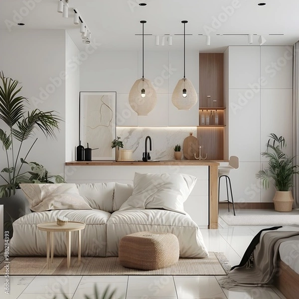 Fototapeta Minimalist Studio Apartment with Multifunctional Furniture and Cohesive Design Concept