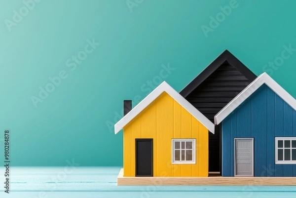 Obraz Colorful miniature houses on a teal background, representing modern housing and real estate concepts in a playful design.