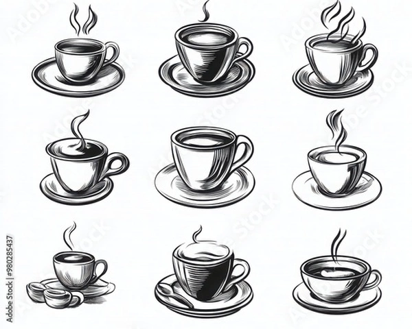 Obraz A collection of artistic sketches depicting various cups of steaming coffee, perfect for beverage-themed designs.