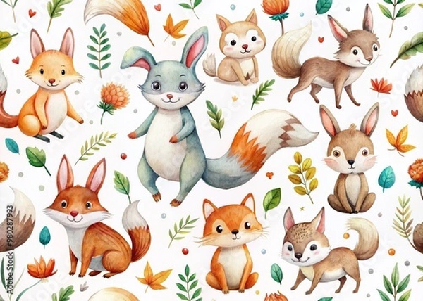Fototapeta Whimsical watercolor cartoon animals, including rabbits, foxes, and squirrels, playfully scattered on a clean white background, perfect for children's illustration and print templates.