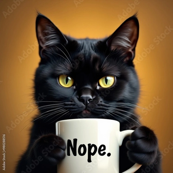 Fototapeta Render of a grumpy cat holding a coffee mug that says "nope"