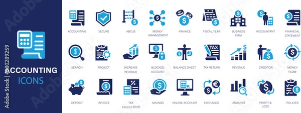 Fototapeta Accounting related flat icons set. Invoice, tax calculator, accountant, business firm, tax return and more. 
