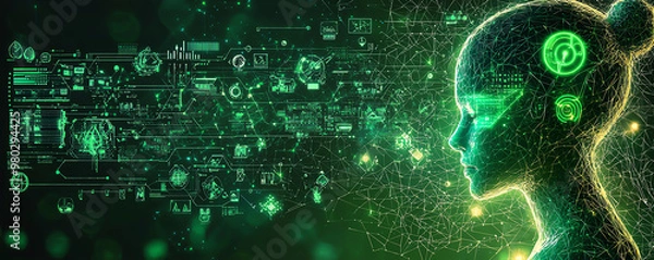 Fototapeta A futuristic digital illustration depicting a robotic head with glowing green patterns, symbolizing technology and innovation.