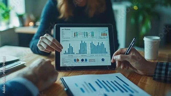 Fototapeta Team Leader Conducting Employee Performance Review with Tablet in Modern Private Office