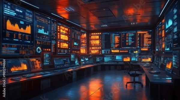 Fototapeta High-Tech Sports Analytics Office with Analysts Monitoring Real-Time Stats on Multiple Screens