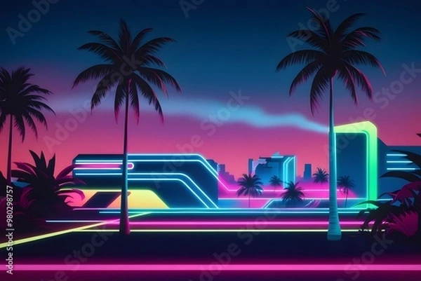 Fototapeta Neon Tropics: Cyberpunk Beachscape