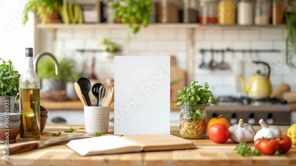 Fototapeta Culinary Creativity in the Kitchen Blank Poster Mockup with Fresh Ingredients and Recipe Book on Island Counter