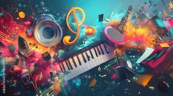 Fototapeta Abstract 2D background with music symbols, treble clefs, and instruments creating a dynamic classroom environment, hyper-real, sharp images, high quality