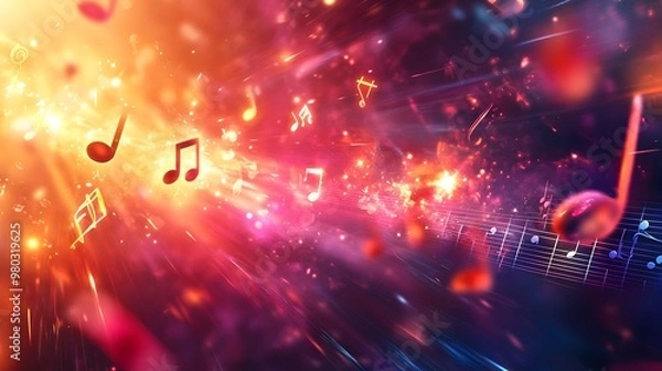 Fototapeta Abstract 2D background with music symbols, treble clefs, and instruments creating a dynamic classroom environment, hyper-real, sharp images, high quality