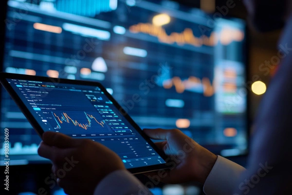 Fototapeta person typing on a tablet, A businessman holding a digital tablet with stock fund performance graphs