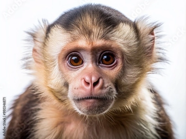 Fototapeta Adorable curious capuchin monkey with expressive eyes and fur, isolated on a transparent background, showcasing its agility and grace in a playful pose.