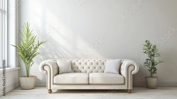Fototapeta Cozy and Modern Living Room with Minimalist Furniture,Plants,and Natural Light Streaming Through Window