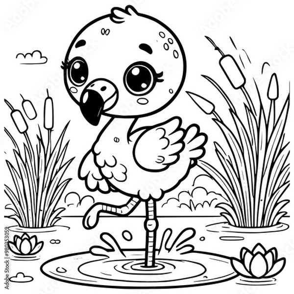 Fototapeta Adorable black and white illustration of a cute flamingo chick standing on one leg in a pond with reeds and water lilies Perfect for kids' coloring activities