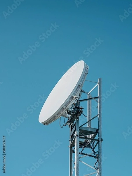 Fototapeta A polished metallic antenna rises sharply against a vibrant azure backdrop, embodying cutting-edge technology and connectivity.