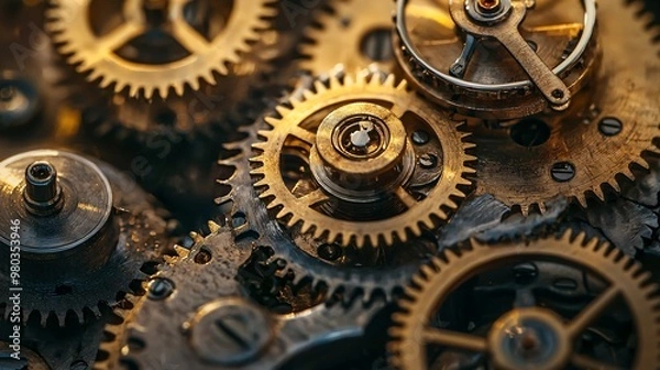 Fototapeta A captivating close-up reveals the exquisite craftsmanship of intricate gears in a vintage timepiece, highlighting the artistry of timekeeping.