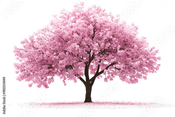Obraz Sakura tree with pink blossoms stands alone against a white background
