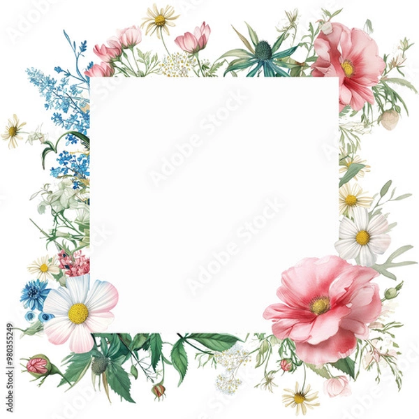 Fototapeta watercolor floral frame with a variety of colorful wildflowers,Rectangle botanical border,ideal for wedding invitations or greeting cards.