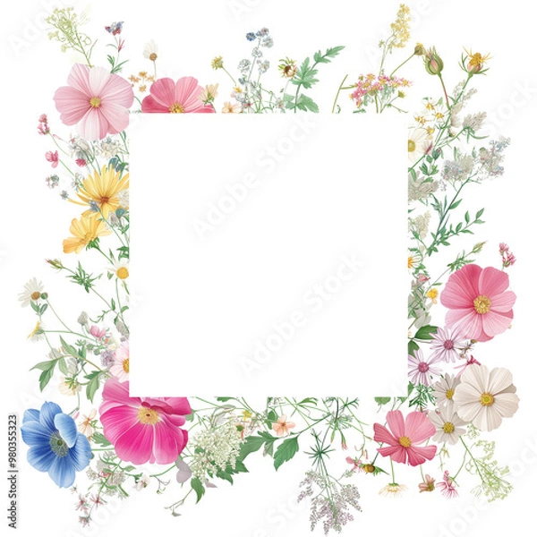 Fototapeta watercolor floral frame with a variety of colorful wildflowers,Rectangle botanical border,ideal for wedding invitations or greeting cards.