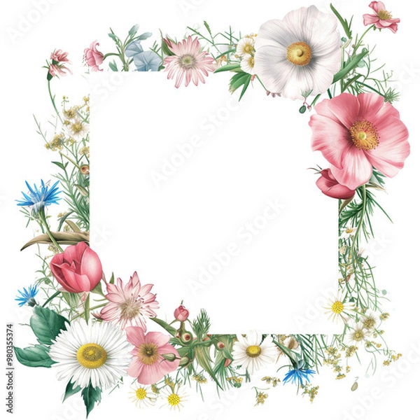 Fototapeta watercolor floral frame with a variety of colorful wildflowers,Rectangle botanical border,ideal for wedding invitations or greeting cards.