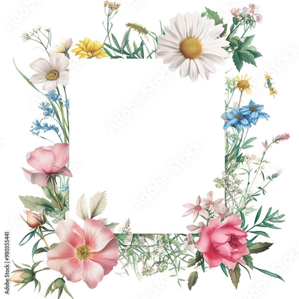 Fototapeta watercolor floral frame with a variety of colorful wildflowers,Rectangle botanical border,ideal for wedding invitations or greeting cards.