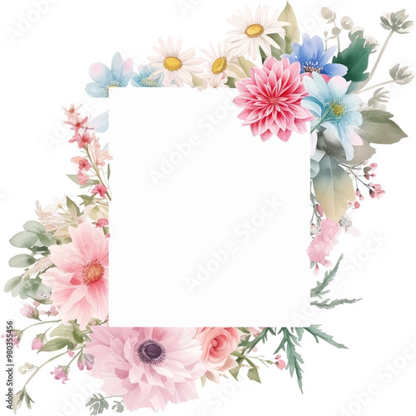 Fototapeta watercolor floral frame with a variety of colorful wildflowers,Rectangle botanical border,ideal for wedding invitations or greeting cards.