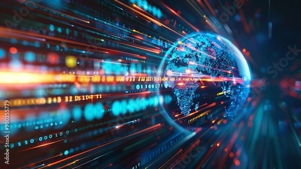 Obraz Speedy Data Transfer on Tech Globe, Business Theme, Background, Technology, Networking, Digital