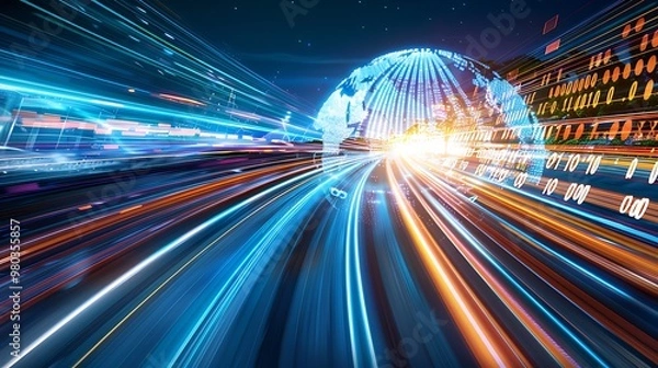 Obraz Speedy Data Transfer on Tech Globe, Business Theme, Background, Technology, Networking, Digital