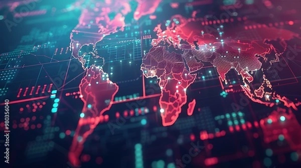 Obraz Speedy tech grid on world map business theme, background, plain background, connectivity, data