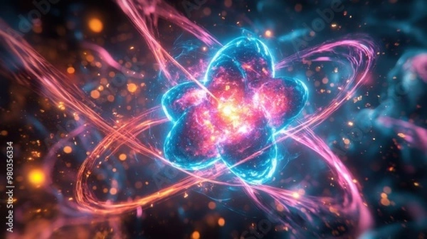 Fototapeta Isotopic alterations occur in atomic nuclei during nuclear fission, showcasing energy exchange and transformation in an abstract cosmic setting filled with vibrant colors.