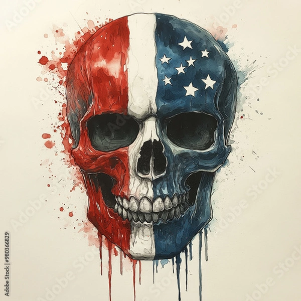 Fototapeta Watercolor Colorful Illustration Artwork Skull with USA flag, skull head Vector Illustration. Watercolor brush textured demonic American flag print