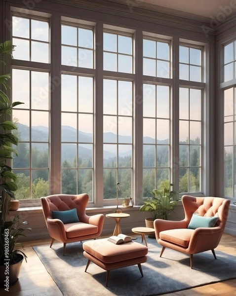 Fototapeta Quiet reading area with armchairs and large windows